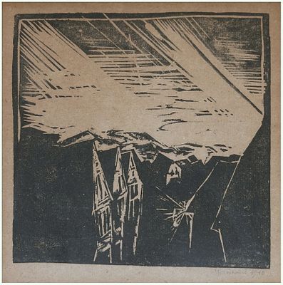 יעקב שטיינהרדט (גרמניה - ישראל, 1887-1968) - Morning Mood, 1910, חיתוך עץ, 17X16 ס״מ, חתום ומתוארך.