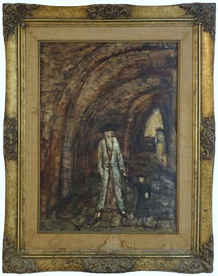 יצחק פרנקל פרנל (ישראל - רוסיה, 1899-1981) - סב ונכד בסמטה בצפת, 1935, טמפרה על עץ, 67X48 ס"מ 