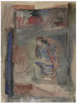 יחזקאל שטרייכמן (1906-1993) - אישה יושבת על כסא, 1940, צבע מים על נייר, 50X35 ס"מ, חתום ומתוארך.