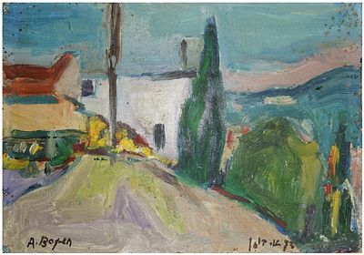 אלכסנדר בוגן (ישראל - ליטא, 1916-2010) - נוף בצפת, 1973, שמן על קרטון, 17X25 ס"מ, חתום ומתוארך 