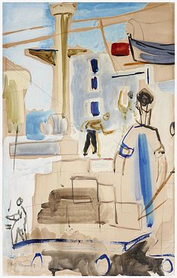 רוברט בזה (ישראל - יוון, 1908-1998) - דמויות בנוף, גואש על נייר, 50X30 ס"מ, חתום.