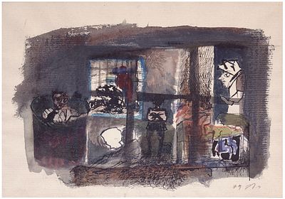 רענן לוי (ישראל - צרפת, 1954-2022) - דמויות בחדר וחלון, 1979, דיו וצבע מים על נייר, 23X32 ס"מ 