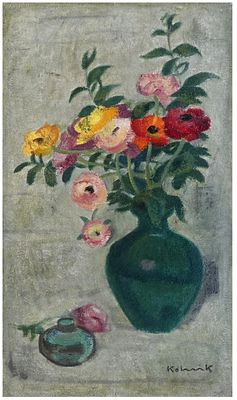 ארתור קולניק (צרפת - פולין, 1890-1972) - זר נוריות באגרטל, שמן על עץ, 45x26 ס״מ, חתום.