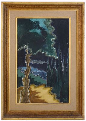 David Azuz (French - Israeli, 1942-2014) - "Cypress Valley", 1959, Oil on canvas, 61 x 38 cm 