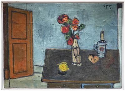 בני (בנימין) לוי (ישראל - ארה"ב, נ. 1940) - טבע דומם עם אגרטל פרחים ופמוט, 1963, שמן על בד, 50X70 