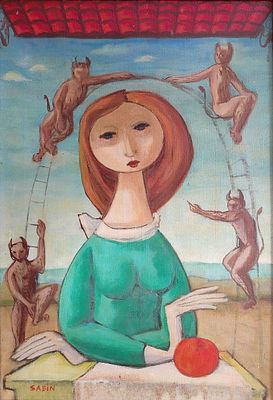 סמי בז'רנו סבין (בולגריה - ישראל, 1920-2007) - נערה עם התפוח האסור, 1971, שמן על בד, 38X56 ס"מ 