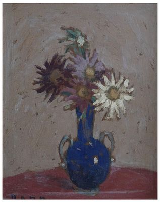 בן (בן ציון רבינוביץ) (פולין - צרפת, 1905-1989) - אגרטל פרחים, שמן על עץ, 26x21 ס״מ, חתום.