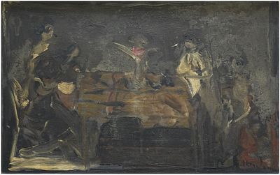 אלפרד אברדם (צרפת - פולין - אוקראינה, 1894-1963) - נשים ליד שולחן, שמן על עץ, 40x62 ס״מ, חתום.