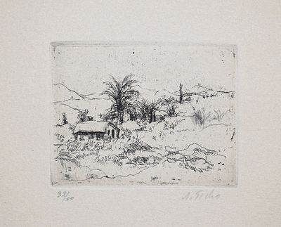 אנה טיכו (ישראל - צ'כיה, 1980- 1894) - יריחו, תחריט, פלטה: 6x8 ס״מ, גיליון: 35x37 ס״מ, חתום 