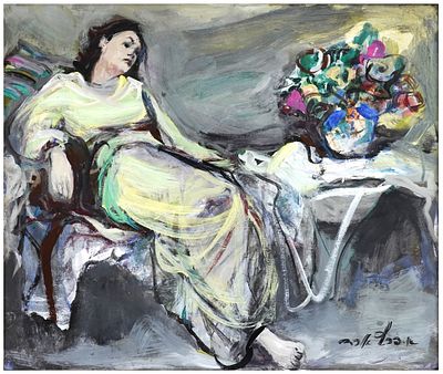 אסתר פרץ ארד (1921-2005) - אישה שרועה בכורסא ואגרטל פרחים, שמן על בד, 53X65 ס"מ, חתום.