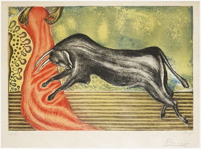 Ben Shaul Banay (Polish - Israeli - French, 1915-2005) - Bull and Red Cloth, 1975, Etching, 42 x 
