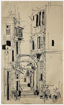 Shmuel Katz (Israeli - Hungarian, 1926-2010) - An alley in Acre, Ink on paper, 32 x 19 cm 