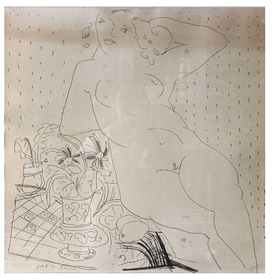 Michael Eisemann (Israeli - German, b. 1934) - Nude with flower pots, Pencil on paper, 72 x 66 cm 