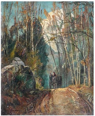 Louis Jules GUIGNERY (French, 1818-?) - Horse drawn carriage on a path in a forest, 1850s, Oil on 