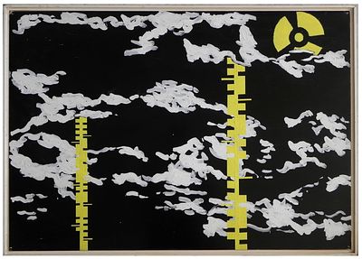 בני אפרת (נ. 1936) - Tag of Despair I, 1980s, שמן וקולאז' על נייר מוצמד לבד, 70X100 ס"מ, לא חתום 