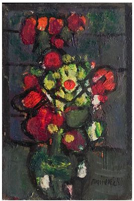 צבי מאירוביץ (1911-1974) - אגרטל פרחים, שמן על בד מוצמד לעץ, 24X16 ס"מ, חתום.