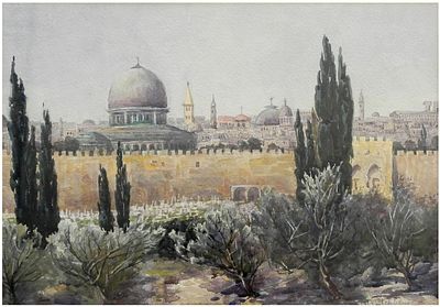 (Philippa Anna Frederica Stephenson (British, 1896 - 1937 - חומות ירושלים וכיפת הסלע , צבע מים 