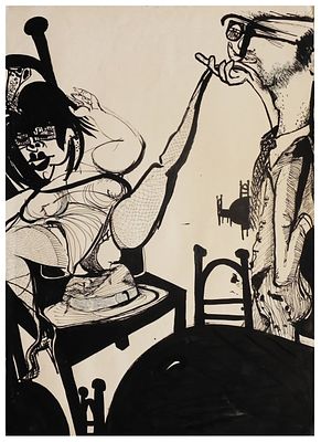 מיכאל דרוקס (ישראל - בריטניה, 1940-2022) - האינטלקטואל והחשפנית, 1968, דיו על נייר, 70X48 ס"מ 