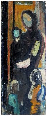 אהרון גלעדי (1907-1993) - אם וילדיה, שמן על בד מוצמד לקרטון, 50X19 ס"מ, חתום.