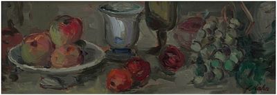 ליאו קהאן (גרמניה - ישראל, 1894-1983) - טבע דומם עם צלחת פירות וגביעי יין, שמן על עץ, 18X54 ס"מ, חתום.