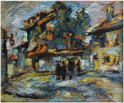 Rafael Chwoles (Lithuanian - French, 1913-2002) - דמויות ברחוב ביום סתיו, שמן על קרטון, 22x26 ס״מ 