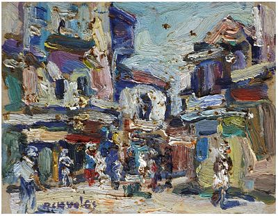 Rafael Chwoles (Lithuanian - French, 1913-2002) - דמויות ברחוב, שמן על קרטון, 15x19 ס״מ, חתום.