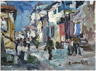 Rafael Chwoles (Lithuanian - French, 1913-2002) - דמויות ברחוב, שמן על בד מוצמד לקרטון, 19x25 ס״מ 