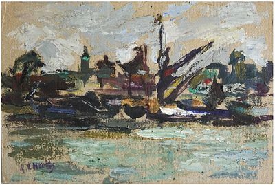 Rafael Chwoles (Lithuanian - French, 1913-2002) - View of a town on the lake, Oil on cardboard, 16 