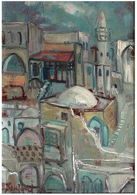 סולטנה סורוז'ון (בולגריה - ישראל, 1900-1961) - נוף גגות ביפו, שנות ה-50, שמן על קרטון, 48X33 ס"מ, חתום.