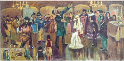 משה פישזון (פולין - ישראל, 1912-1987) - חתונה יהודית עם כליזמר, שמן על בד, 83X40 ס"מ, חתום.