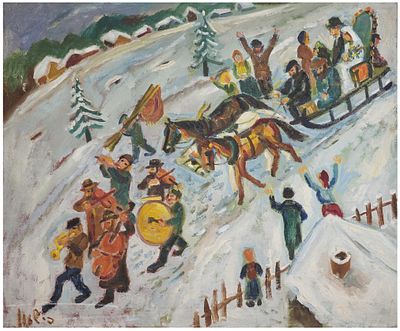 משה פישזון (פולין - ישראל, 1912-1987) - חתונה יהודית בעיירה המושלגת, שמן על בד, 64X53 ס"מ, חתום.