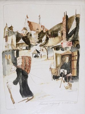 Daniel (Polish Contemporary artist, XX) - Daily scene in Kazimierz (Krakow, Poland), 1991 