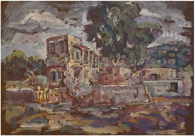 נחום קוק (1908-1981) - נוף בשכונת בת גלים והר הכרמל, חיפה, 1949, גואש על נייר מוצמד לקרטון, 26x37 