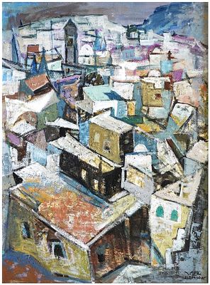 יעקב איזנשר (1896-1980) - גגות בתי צפת, שמן על בד, 61x46 ס״מ, חתום.