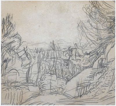 ליאון אנגלסברג (פולין - ישראל, 1908-1998) - נוף בירושלים, עיפרון על נייר, 30X33 ס"מ, חתום.