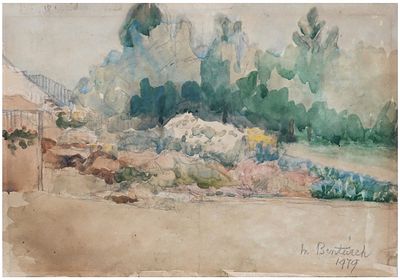 מיוריאל בנטוויץ' (בריטניה - ישראל, 1889-1981) - נוף בזיכרון יעקב, 1979, צבע מים ועיפרון על נייר 