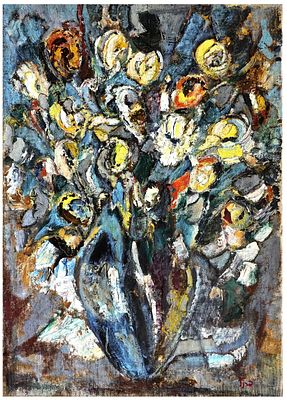 יצחק פרנקל פרנל (ישראל - רוסיה, 1899-1981) - אגרטל פרחים, שמן על בד, 92X65 ס"מ, חתום.