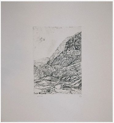 אנה טיכו (ישראל - צ'כיה, 1980- 1894) - נוף במדבר יהודה, תחריט, פלטה: 23x15 ס״מ, גיליון: 37x35 ס״מ 