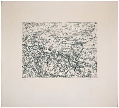 אנה טיכו (ישראל - צ'כיה, 1980- 1894) - נוף הרי ירושלים, תצריב, פלטה: 18x23 ס״מ, גיליון: 35x37 ס״מ 