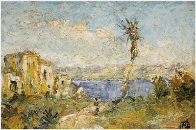 דב קלמן (ישראל - אוסטריה, 1917-?) - נוף הכנרת והרי הגולן, שמן על עץ, 32x45 ס״מ, חתום.