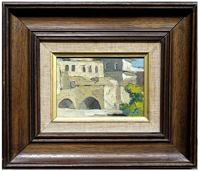 שאול ויקטור (ישראל - ארה"ב, 1947-1996) - נוף בצפת, שמן על קרטון, 11x15 ס״מ, חתום.
