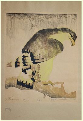 יעקב פינס (גרמניה - ישראל, 1917-2005) - עיט, 1955, חיתוך עץ, 50x34 ס״מ, חתום, מתוארך וממוספר 30\5 