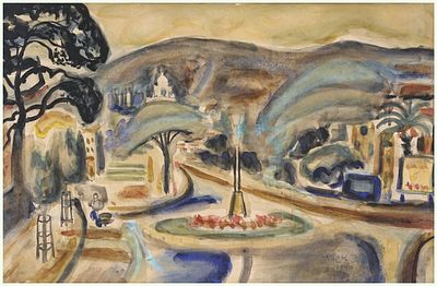ברוך אגדתי (1895-1976) - נוף במושבה הגרמנית בחיפה, 1940, צבע מים על נייר, 32X47 ס"מ, חתום ומתוארך.