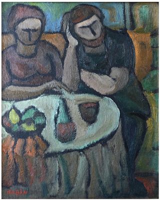 סמי בז'רנו סבין (בולגריה - ישראל, 1920-2007) - זוג ליד שולחן עם פירות ויין, שמן על קרטון, 26X22 