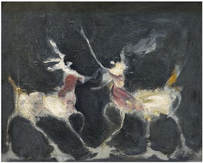 אלפרד אברדם (צרפת - פולין - אוקראינה, 1894-1963) - פרשים, שמן על בד, 31X39 ס"מ, חתום בגב.