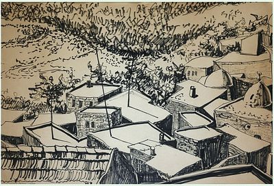 רחל שביט (בנטואיץ) (1929-2022) - גגות בתים בצפת, 1973, דיו על נייר, 46X66 ס"מ, חתום ומתוארך.