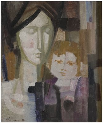Trento Longaretti (Italian, 1916-2017) - "אם וילד בסגול", 1969, שמן על עץ, 44X37 ס"מ, חתום, חתום 