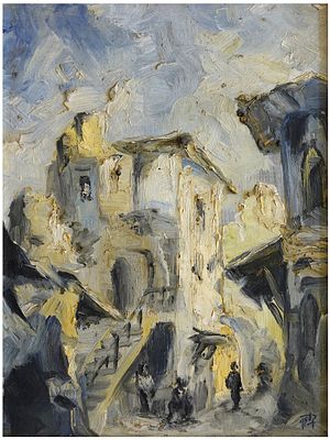 דב קלמן (ישראל - אוסטריה, 1917-?) - דמויות בסמטה בצפת, שמן על קרטון, 46X34 ס"מ, חתום.