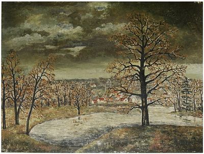 Elisabeth de Saedeleer (Belgian, 1902-1972) - נוף אגם בפאתי העיר, פלנדריה (בלגיה), 1945, שמן על בד 