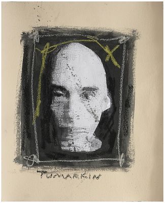 יגאל תומרקין (1933-2021) - דיוקן חנוך לוין, דיו, גירי שמן וקולאז' על נייר, 44X36 ס"מ, חתום.